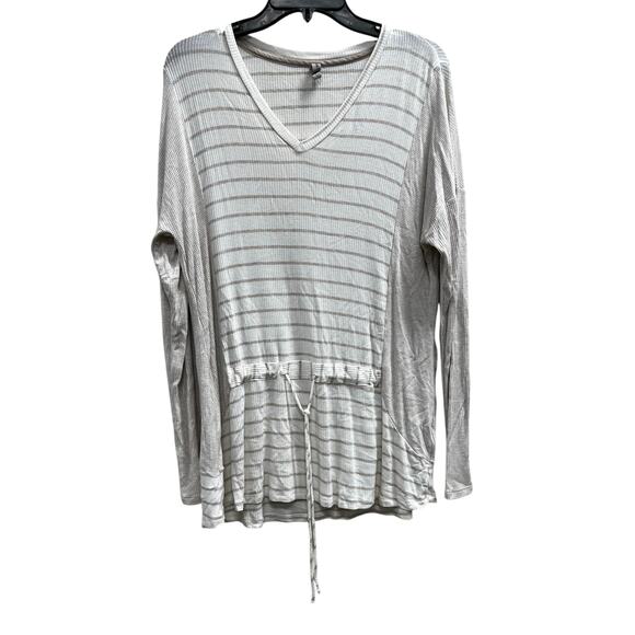 SWEET GRAY tan white Jersey knit national striped check blouse weekend sz L - Picture 1 of 8